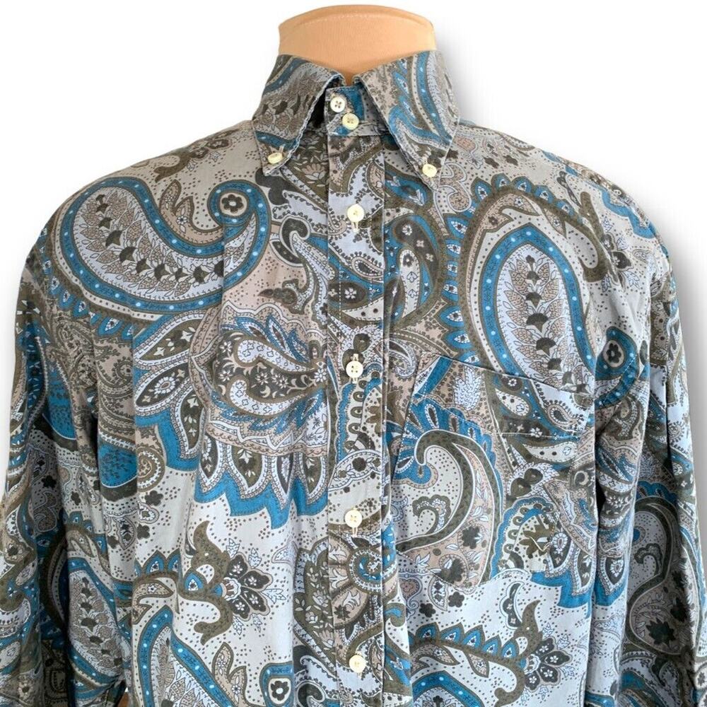 Tommy Hilfiger Paisley Button Down Shirt Blue Gray Cotton Y2K Size Medium Boho